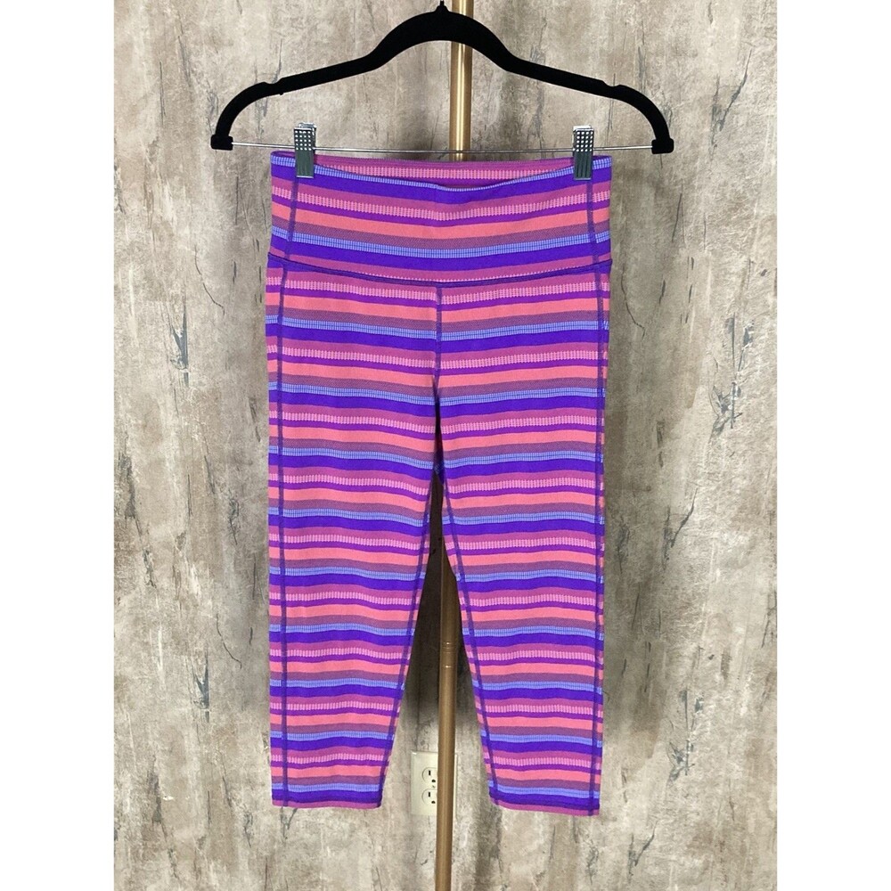 Athleta Sz Small Women Purple Striped Capri Legging Pants Gym Running Active EUC